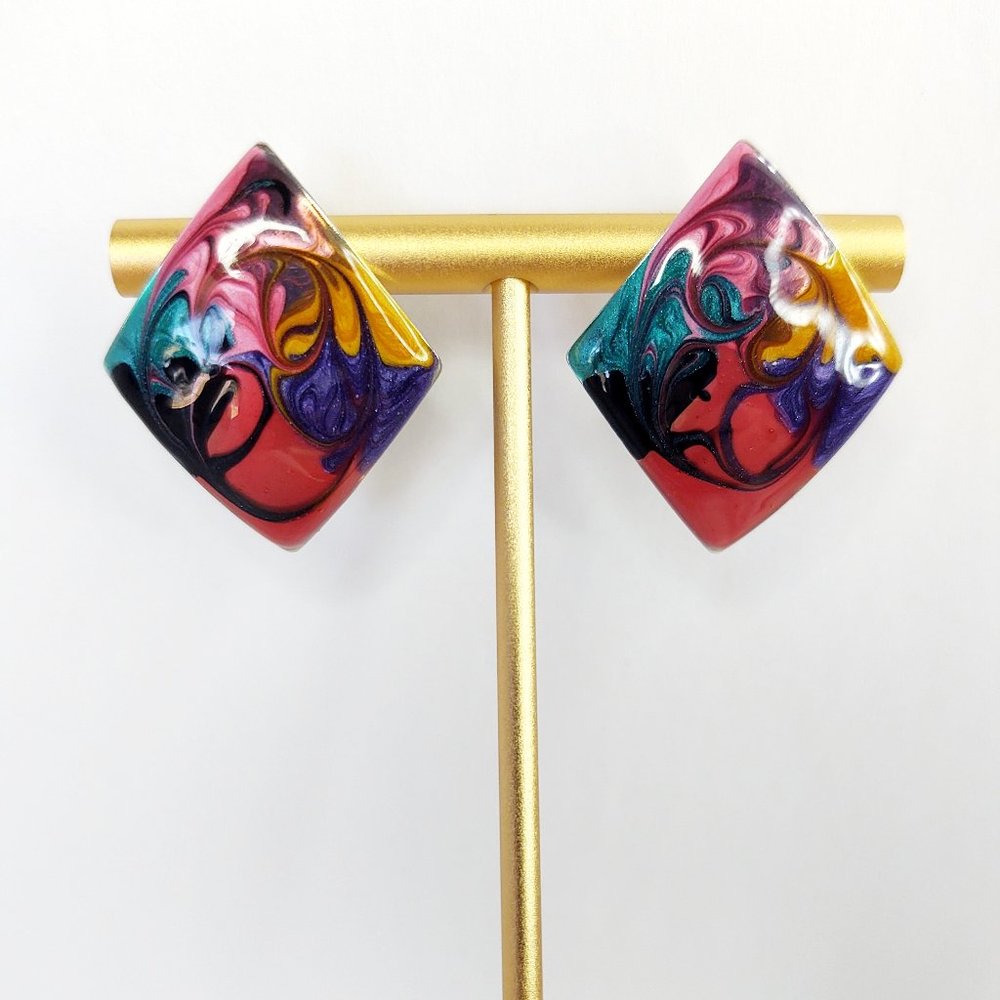 Vintage 80's Multicolor Colorful Enamel Pierced Earrings